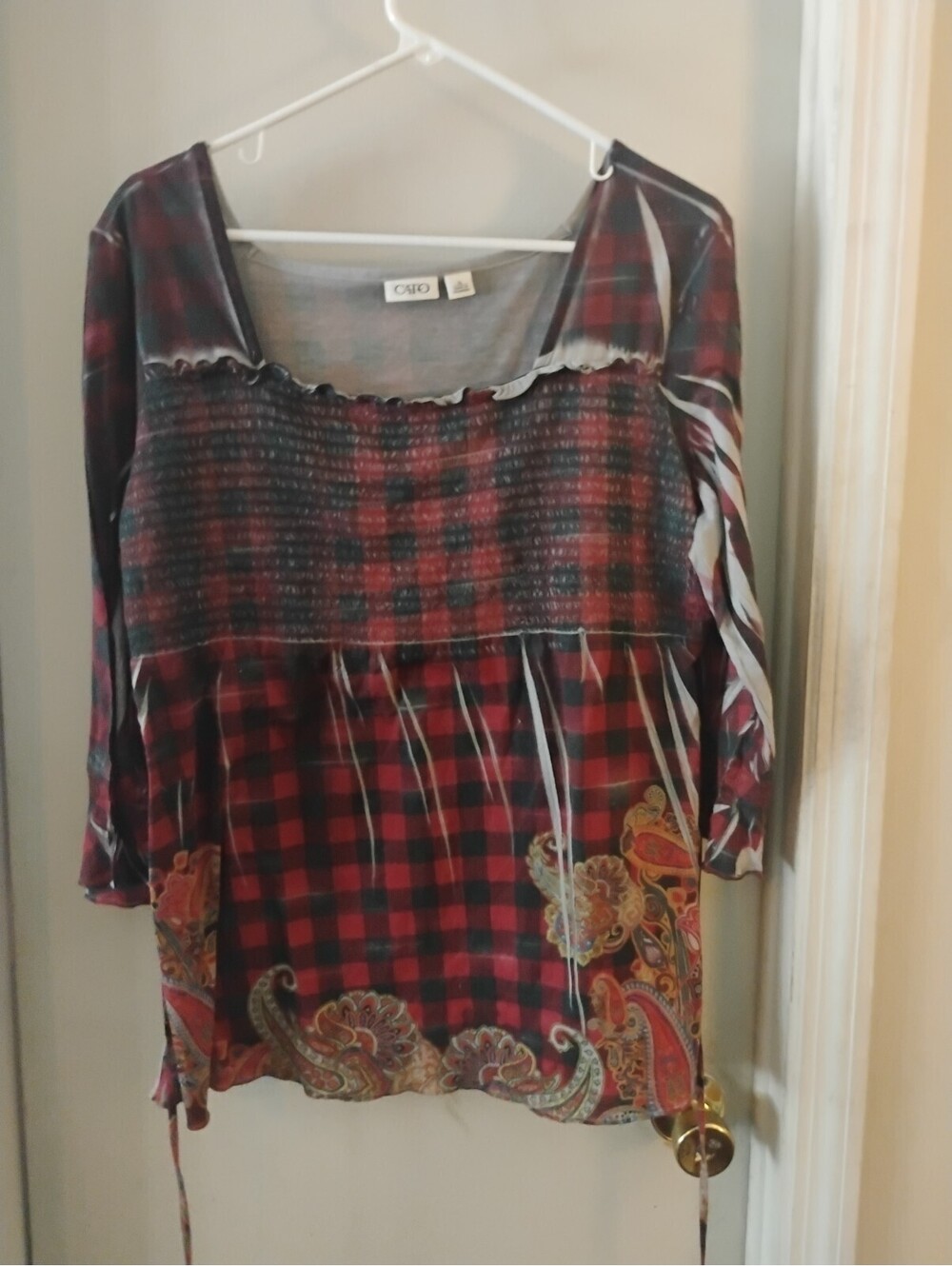 Cato Red Black Buffalo Check Plaid Paisley Smocked Tunic Top Size XL